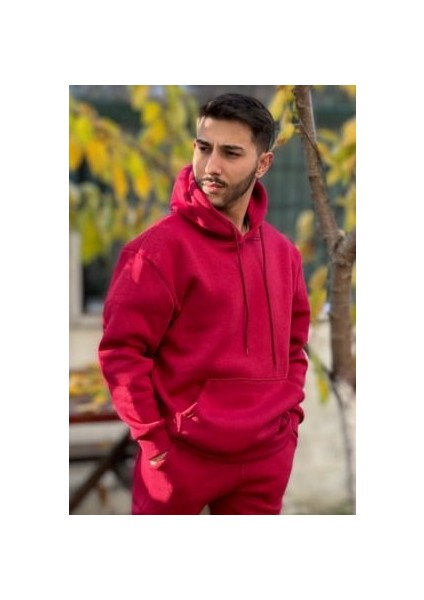 Erkek Kapşonlu Unisex Bordo Sweatshirt Hoodie Oversize