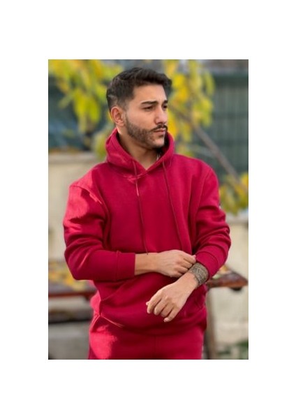 Erkek Kapşonlu Unisex Bordo Sweatshirt Hoodie Oversize