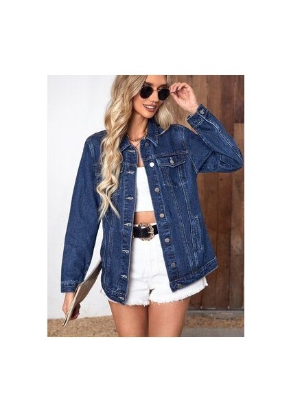Kadın Slim Fit Denim Kot Ceket Lacivert