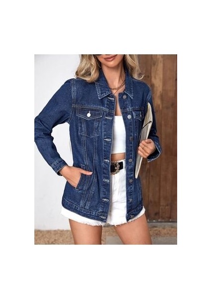 Kadın Slim Fit Denim Kot Ceket Lacivert modelleri