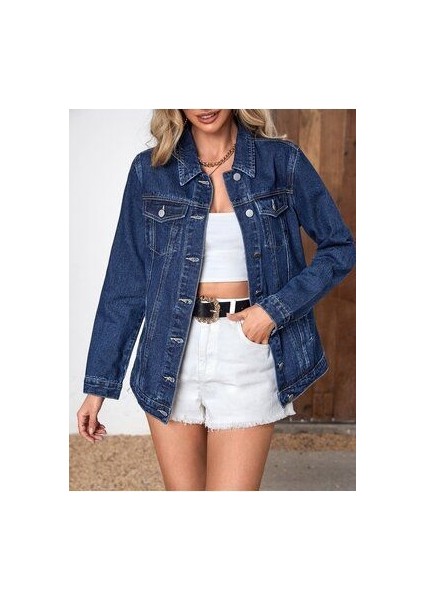 Kadın Slim Fit Denim Kot Ceket Lacivert fırsatları