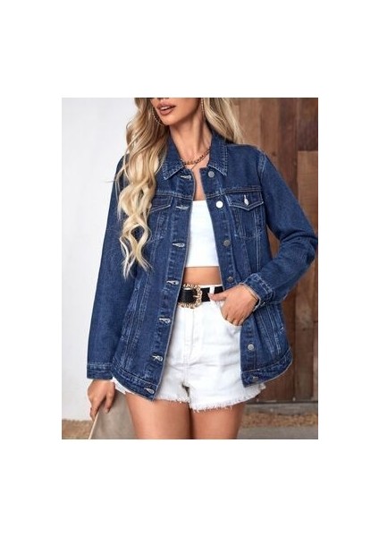 Kadın Slim Fit Denim Kot Ceket Lacivert indirimleri