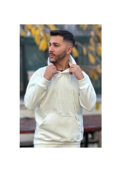 Erkek Kapşonlu Unisex Beyaz Sweatshirt Hoodie Oversize
