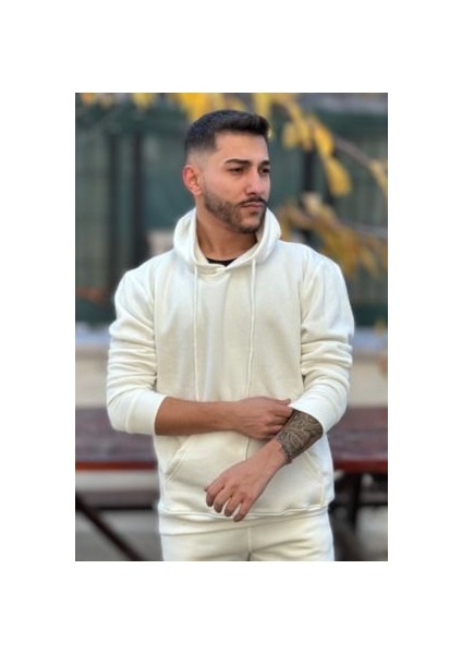 Erkek Kapşonlu Unisex Beyaz Sweatshirt Hoodie Oversize
