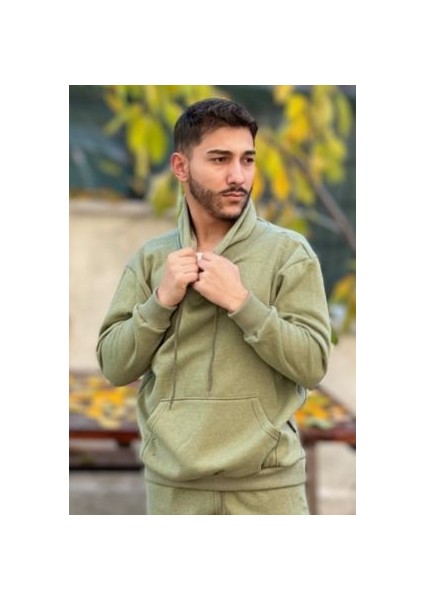 Erkek Kapşonlu Unisex Haki Melanj Sweatshirt Hoodie Oversize