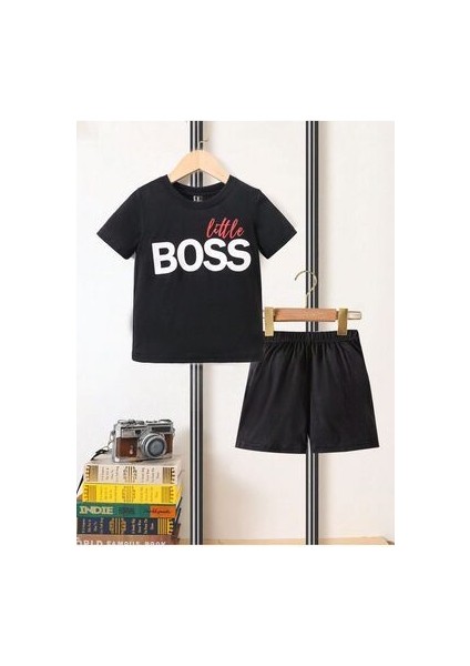 Little Boss Baskılı Pamuklu Çocuk Siyah Şort T-Shirt Takım - Kız Erkek Çocuk Yazlık Bisiklet Yaka