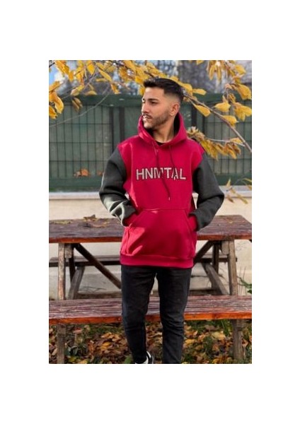 Unisex Hnmtal Nakışlı Baskılı Içi Polarlı Oversize Kapüşonlu Kolej Hoodie Sweatshirt