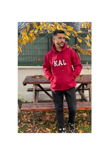 Unisex Kal Nakışlı Baskılı Içi Polarlı Oversize Kapüşonlu Kolej Hoodie Sweatshirt