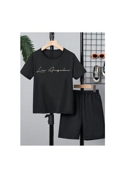 Losangeles Baskılı Pamuklu Çocuk Siyah Şort T-Shirt Takım - Kız Erkek Çocuk Yazlık Bisiklet Yaka