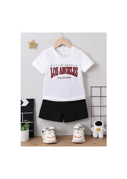 Los Angeles California Baskılı Pamuk Çocuk Siyah Şort Beyaz T-Shirt Takım - Yazlık Bisiklet Yaka