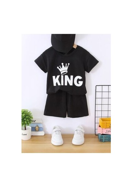 King Taç Baskılı Pamuklu Çocuk Siyah Şort T-Shirt Takım - Kız Erkek Çocuk Yazlık Bisiklet Yaka