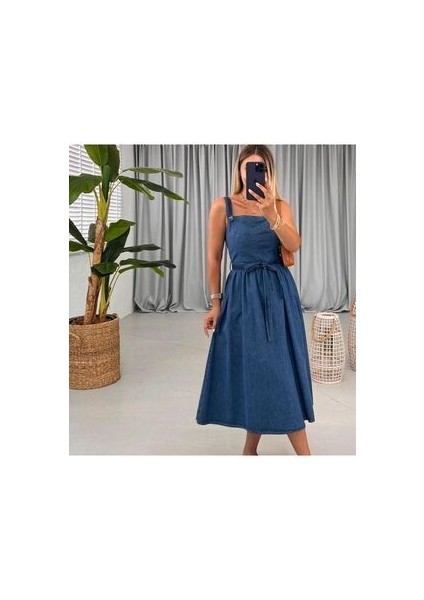 Kadın Askılı Etek Volanlı Kuşaklı Midi Boy Denim Elbise