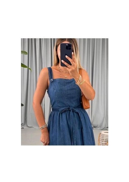 Kadın Askılı Etek Volanlı Kuşaklı Midi Boy Denim Elbise fiyatları