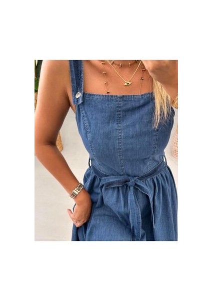 Kadın Askılı Etek Volanlı Kuşaklı Midi Boy Denim Elbise modelleri