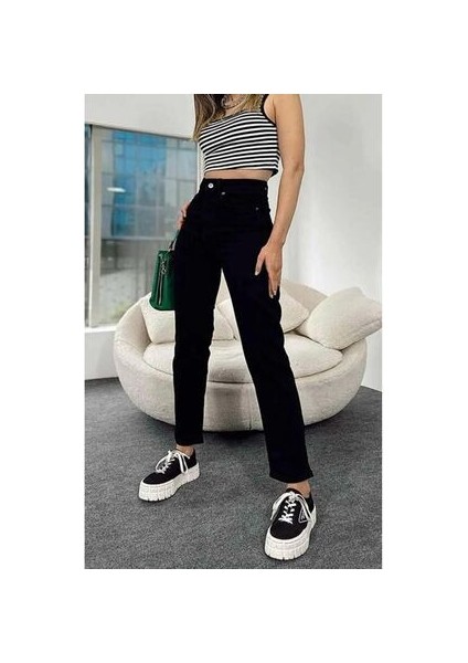 Siyah Koyu Mom Jean Kot Pantolon(Tam Kalıptır) modelleri