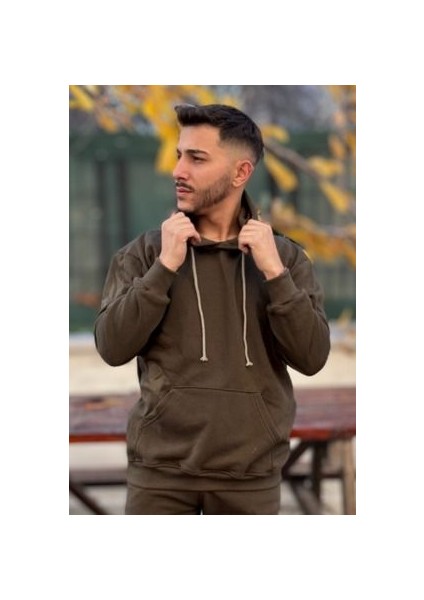Erkek Kapşonlu Unisex Haki Sweatshirt Hoodie Oversize