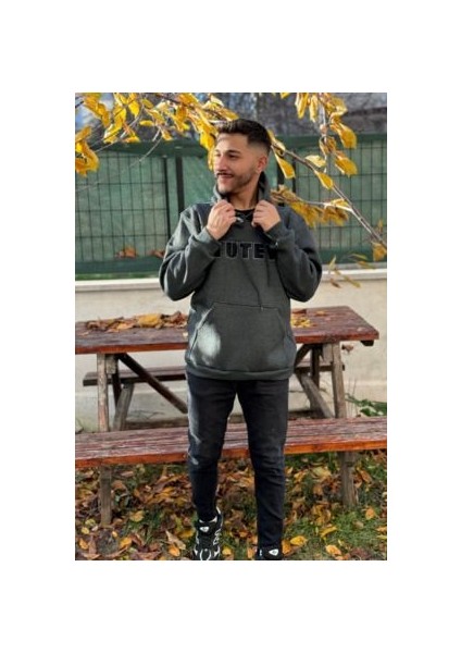 Unisex Tutev Nakışlı Baskılı Içi Polarlı Oversize Kapüşonlu Kolej Hoodie Sweatshirt
