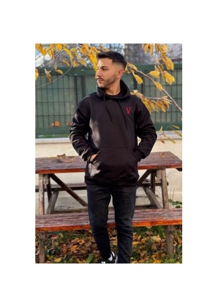 Unisex V Nakışlı Baskılı Içi Polarlı Oversize Kapüşonlu Kolej Hoodie Sweatshirt