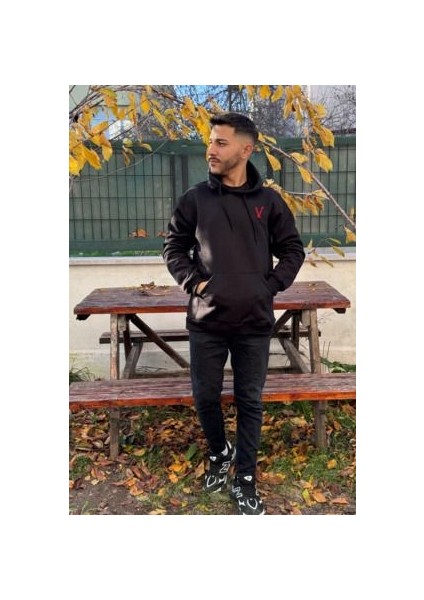 Unisex V Nakışlı Baskılı Içi Polarlı Oversize Kapüşonlu Kolej Hoodie Sweatshirt fiyatları
