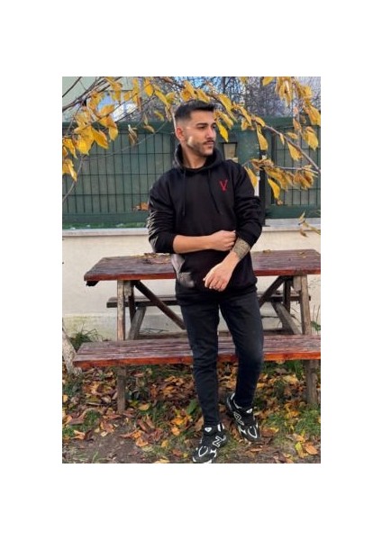 Unisex V Nakışlı Baskılı Içi Polarlı Oversize Kapüşonlu Kolej Hoodie Sweatshirt modelleri