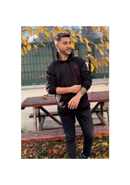 Unisex V Nakışlı Baskılı Içi Polarlı Oversize Kapüşonlu Kolej Hoodie Sweatshirt fırsatları