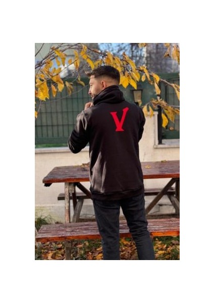 Unisex V Nakışlı Baskılı Içi Polarlı Oversize Kapüşonlu Kolej Hoodie Sweatshirt indirimleri
