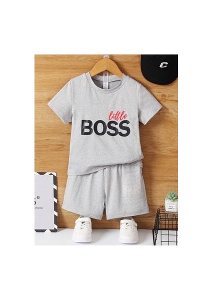 Little Boss Baskılı Pamuklu Çocuk Gri Şort T-Shirt Takım - Kız Erkek Çocuk Yazlık Bisiklet Yaka