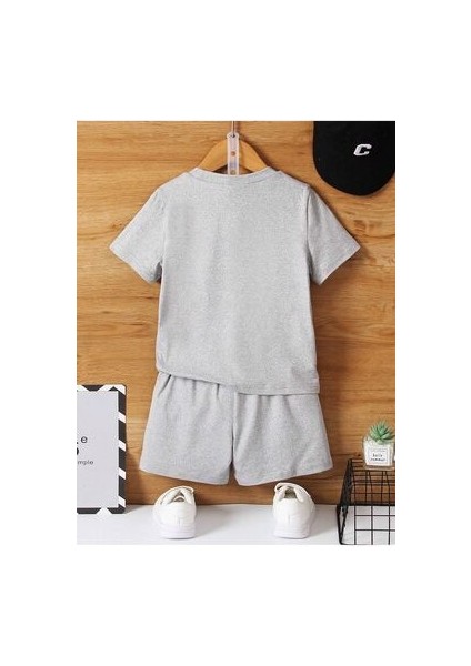 Little Boss Baskılı Pamuklu Çocuk Gri Şort T-Shirt Takım - Kız Erkek Çocuk Yazlık Bisiklet Yaka fiyatları