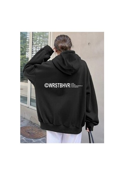 Unisex Oversize Siyah Wrst Baskili Hoodie Sweatshirt