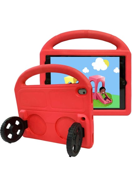 Apple iPad 8.nesil 10.2.inç 2020 A2270-A2428-A2429-A2430 Kılıf Wheel Car Tekerlek Standlı Tablet Eva Kılıf Kırmızı
