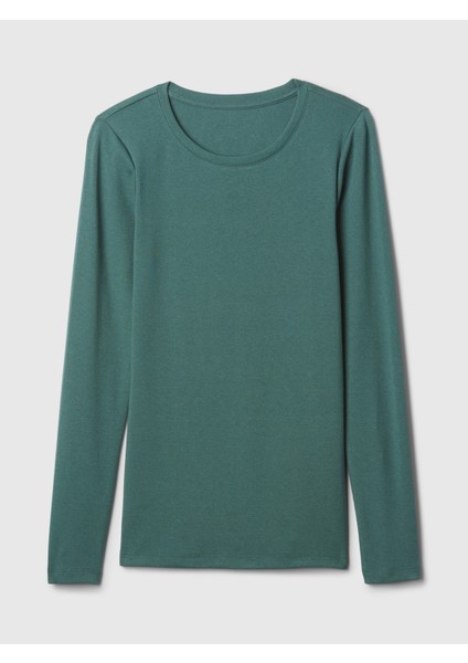 Kadın Yeşil Supima® Modern Bisiklet Yaka Uzun Kollu T-Shirt fiyatları