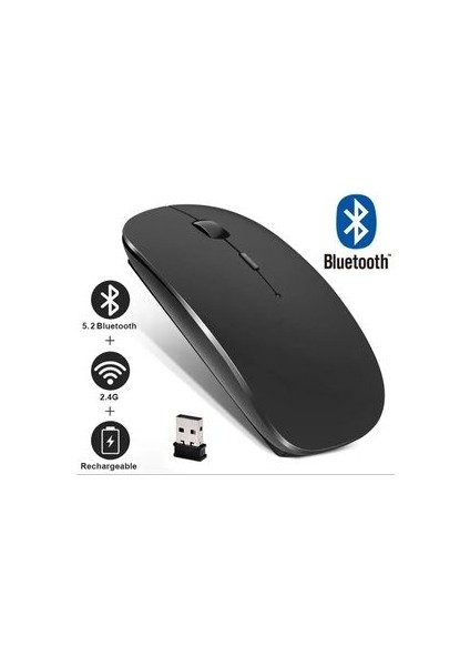 Şarjlı Mouse 2.4ghz USB Wireless ve Bluetooth Lu Sessiz Mat Siyah