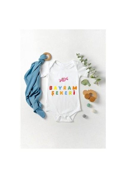 Kısa Kollu %100 Pamuklu Bayram Şekeri (Kız)Tasarımlı Bebek Body Zıbın