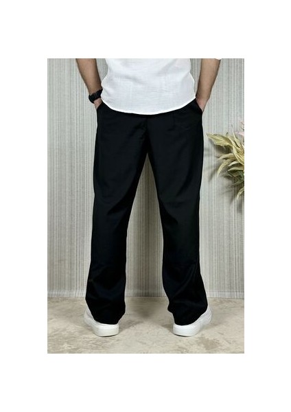 Erkek Siyah Keten Yazlık Kumaş Baggy Beli Lastikli Pantolon