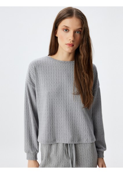 Dokuma Pijama Üstü Dokulu Uzun Kollu Bisiklet Yaka