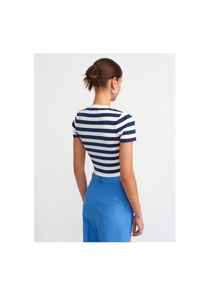 10398 Bisiklet Yaka Çizgili Kısa Kol Crop Kazak-Ekru-Laci. fiyatları