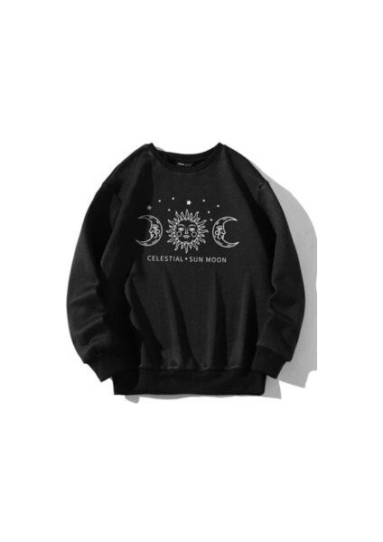 Unısex Ay Baskılı Siyah Oversize Sweatshırt fiyatları