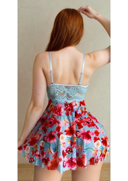 Kadın Çiçekli Kolsuz Askılı Dantel Detaylı Mavi Mini Gecelik fiyatları