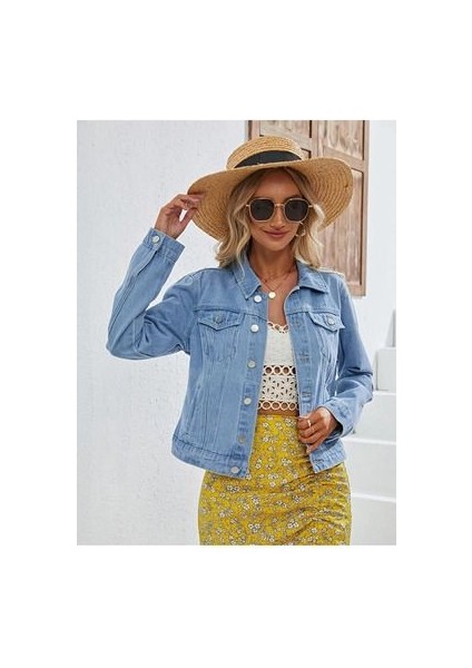 Kadın Slim Fit Denim Kot Ceket Açık Mavi