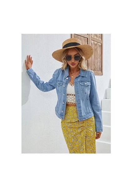 Kadın Slim Fit Denim Kot Ceket Açık Mavi fiyatları