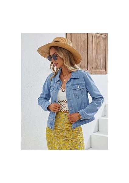 Kadın Slim Fit Denim Kot Ceket Açık Mavi fırsatları