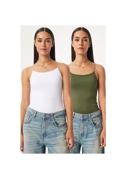Ikili Ip Askılı Örme Bluz Beyaz Haki