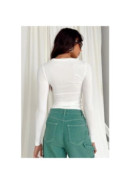 Beyaz Bisiklet Yaka Basic Uzun Kollu Body