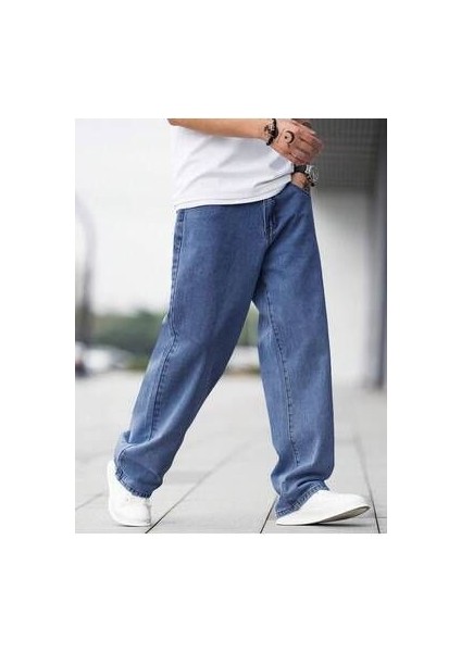 Erkek Asit Mavi Denim Jeans Kot Baggy Pantolon
