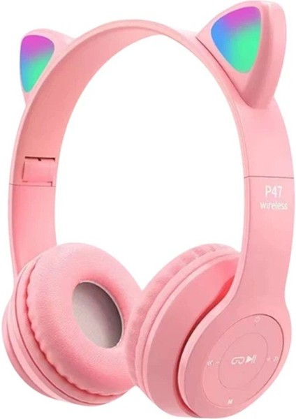 2 Yıl Kablosuz Bluetooth 5.0 LED Işıklı Kedili Şık Kulaklık Hediye Çocuk Oyuncu Pembe Y