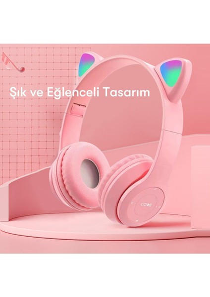 2 Yıl Kablosuz Bluetooth 5.0 LED Işıklı Kedili Şık Kulaklık Hediye Çocuk Oyuncu Pembe Y