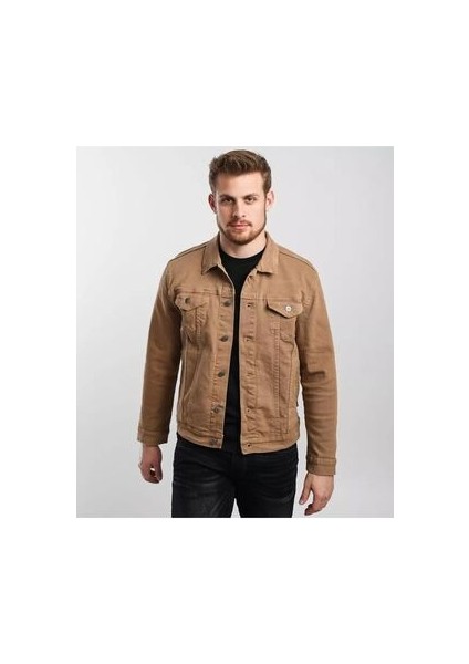 Erkek Düğmeli Çift Cepli Gabardin Taba Ceket