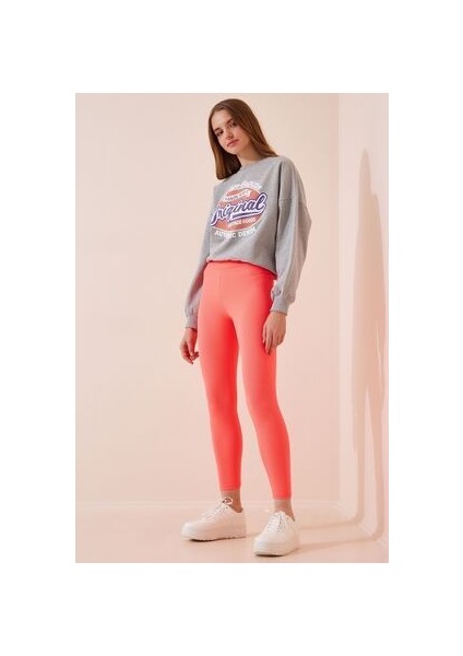 Yüksek Bel Fitilli Dikişsiz Örme Tayt Canlı Pembe