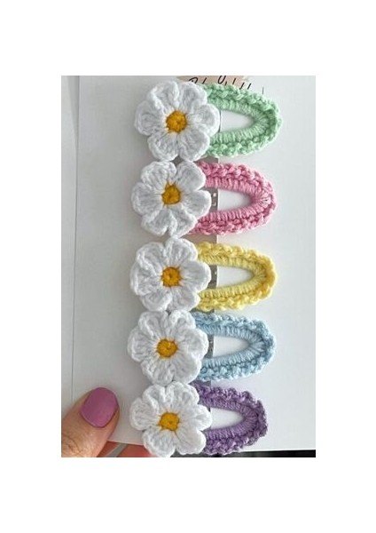 Kız Çocuk Tokası Örgü Ipi El Yapımı 5'li Renkli Papatya Çıt Çıtlı Toka Seti