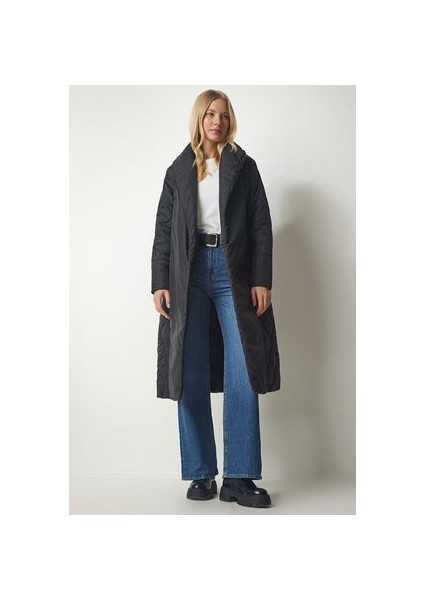 Kuşaklı Şal Yaka Kapitone kaban Siyah